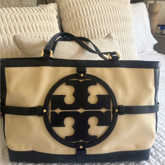 Tory Burch Navy Blue and Cream Women's Tote Bag (Big Logo) - Picture 1 of 4